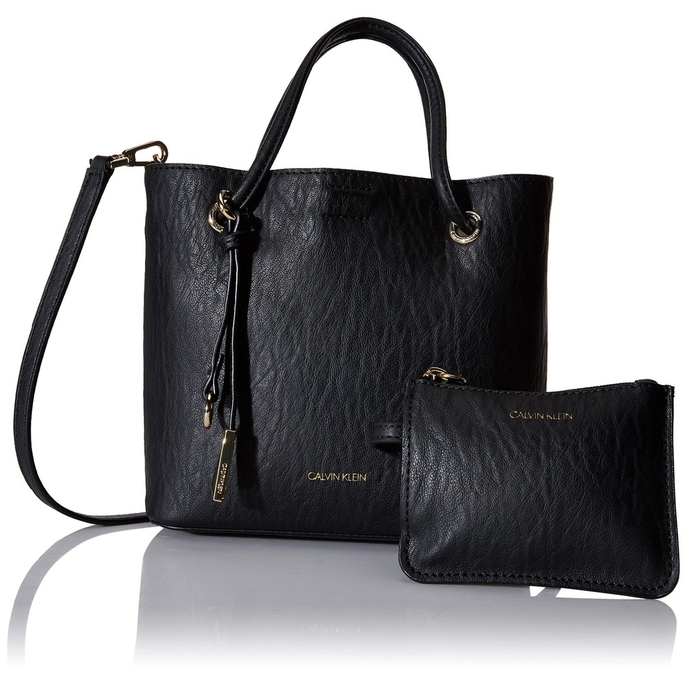 NWT Calvin Klein Gabrianna Mini Tote Crossbody Black Gold + Pouch
